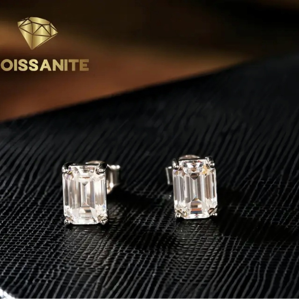 Moissanite 2 Carat Emerald Cut Sterling Silver 925 Stud Earrings